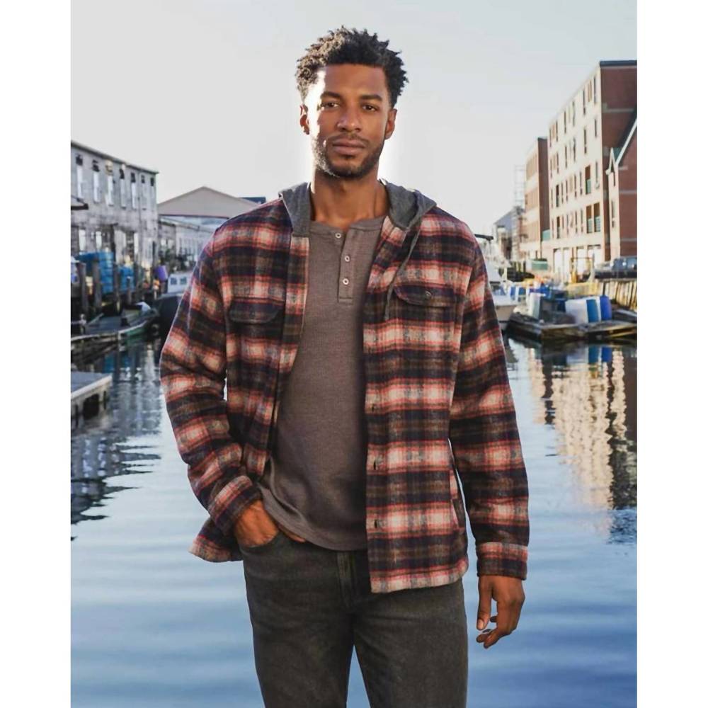NEW FLAGS & ANTHEM whitehall hooded shirt jacket in navy/red